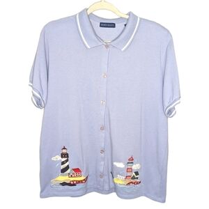 Vintage Karen Scott Lighthouse Coastal grandma beach button shirt XL women's